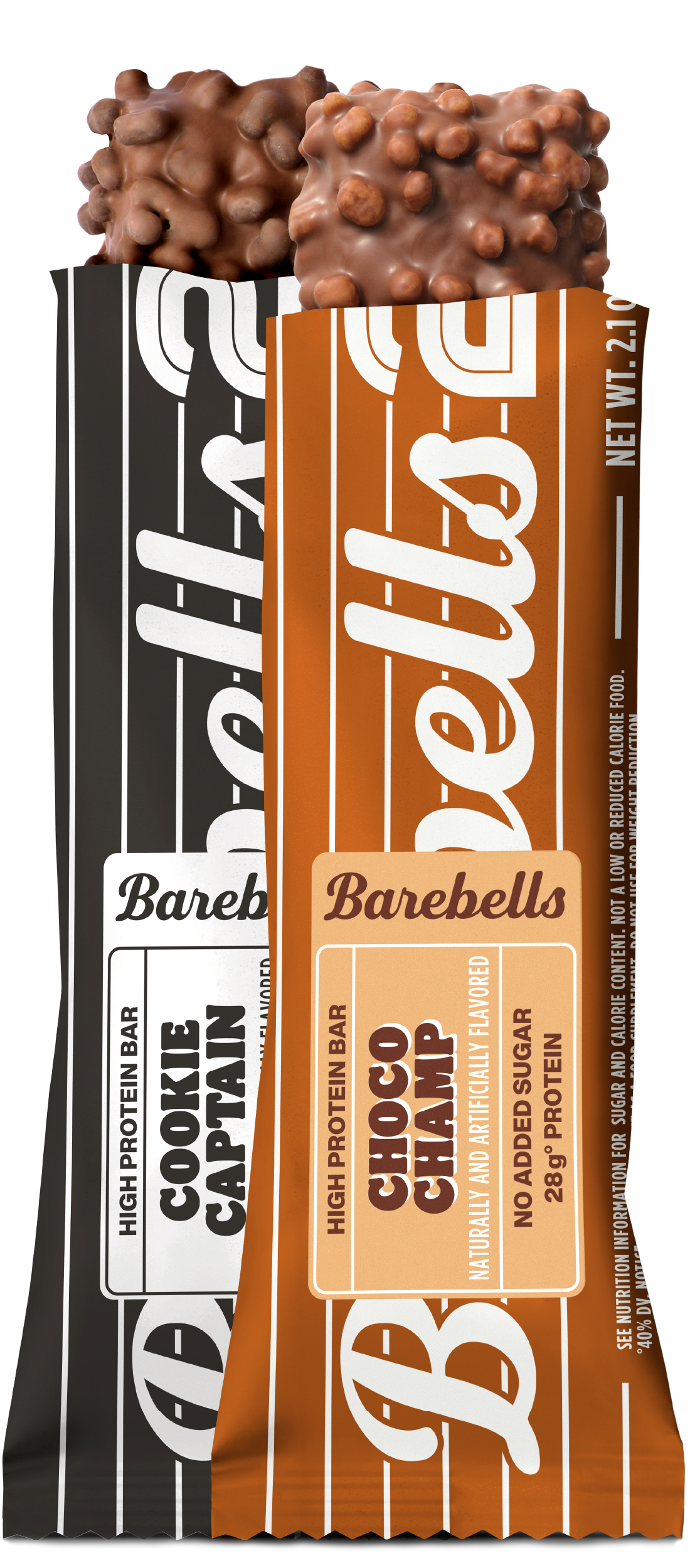 Two Barebells protein bars with textured chocolate coating, one in black Cookie Champ flavor and one in orange Choco Champ flavor, displayed side by side