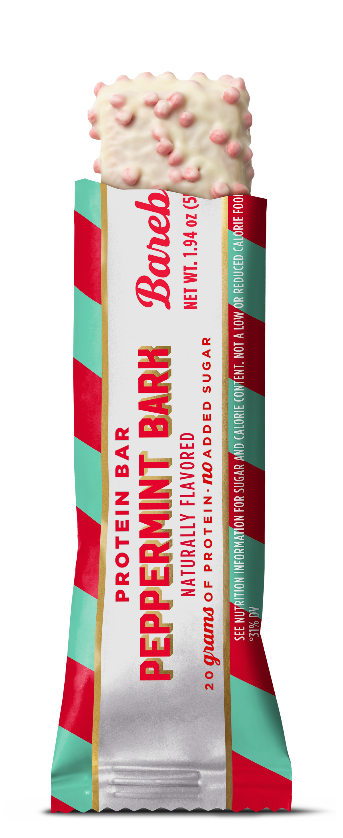 Barebells Peppermint Bark protein bar unwrapped, showing white chocolate coating with pink candy pieces on top and red and mint green wrapper below