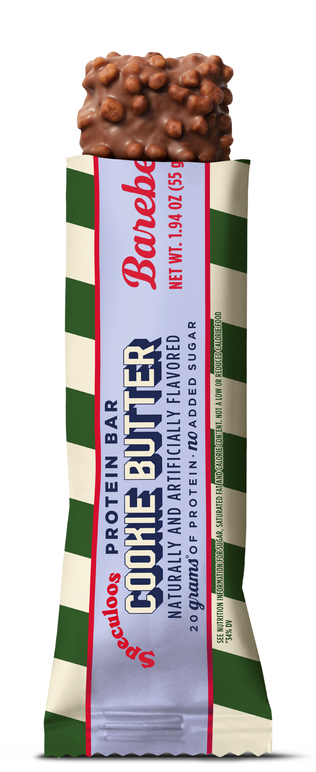 A Barebones Cookie Butter protein bar wrapped in a striped wrapper, shown against a plain white background. The wrapper features green and cream diagonal stripes with a light blue center band containing the product name in bold white and red lettering.