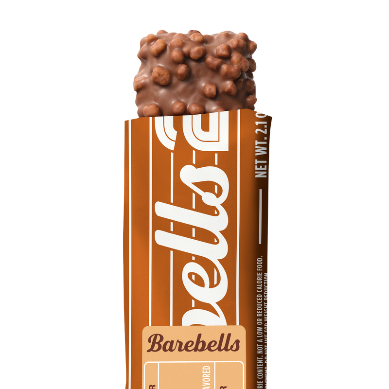 Barebells Choco Champ protein bar unwrapped showing chocolate coating with crispy pieces