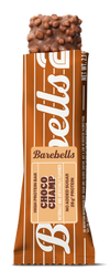 Barebells Choco Champ protein bar displayed vertically with wrapper open, revealing chocolate bar with crispy topping