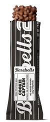 Barebells Cookie Captain protein bar with chocolate coating studded with cookie pieces, black and white packaging showing 28g protein