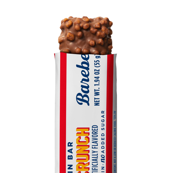 Barebells Salty Corn Crunch protein bar unwrapped showing chocolate coating with corn crunch pieces