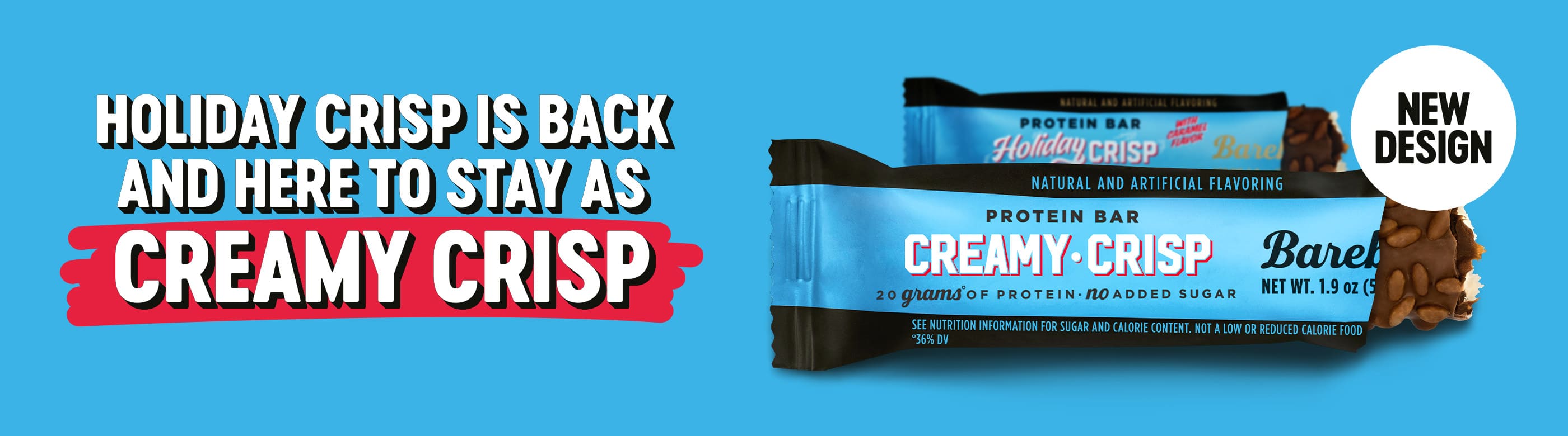 barebells holiday crisp back as creamy crisp protein bar with a new design wrapper