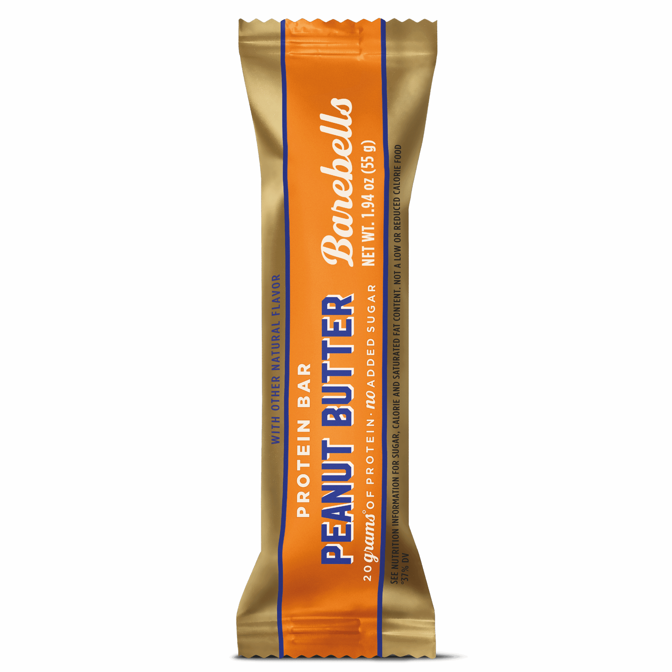 Barebells peanut butter protein bar in a gold and orange wrapper.