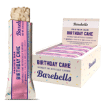 Barebells birthday cake packshot with single bar
