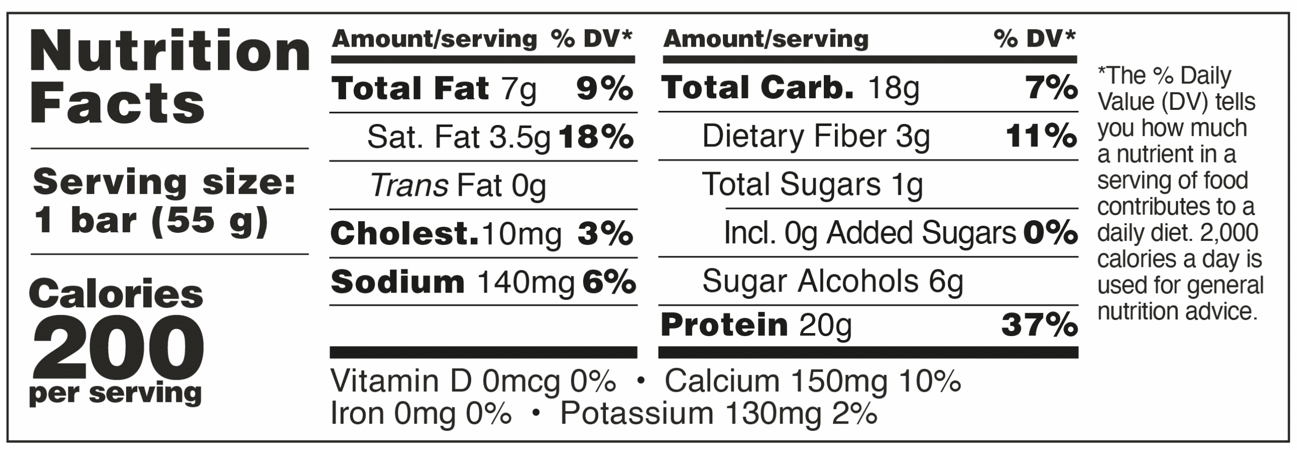 Nutrition facts label for a 55g bar: 200 calories, 20g protein, and various vitamins and minerals.